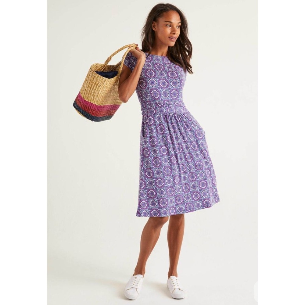 Boden Amelie Jersey Dress Size 2P Petite Purple Blue Geometric Print Mod Resort
